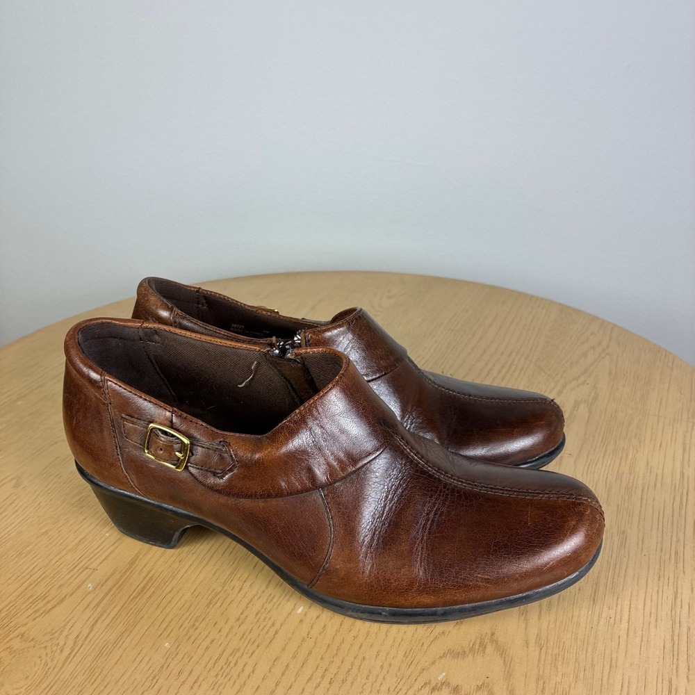 Clarks Leather Ankle Booties Side Zip Buckle Block Heel Womens 6 Comfort Support